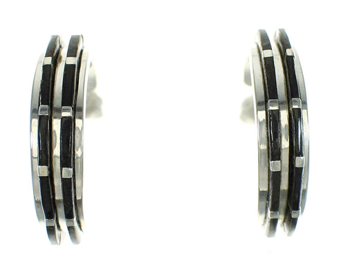 Authentic Sterling Silver And Jet Inlay Southwestern Post Hoop Earrings WX66632